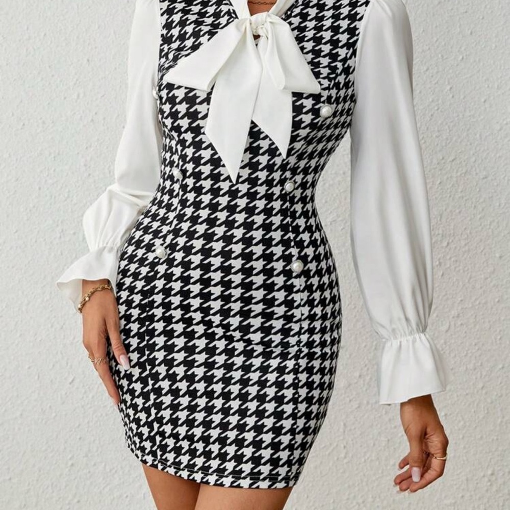 SHEIN Black and White Sheath Dress with Bishop Sleeves